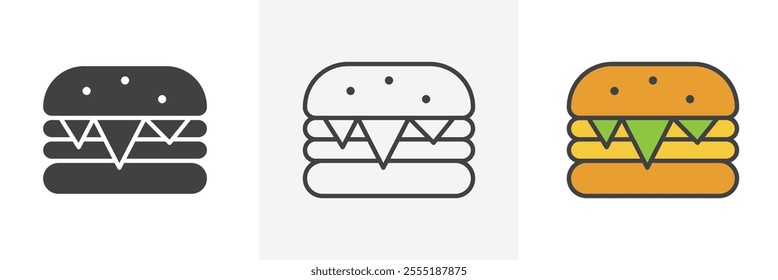 Burger icon collection in black and colored style.