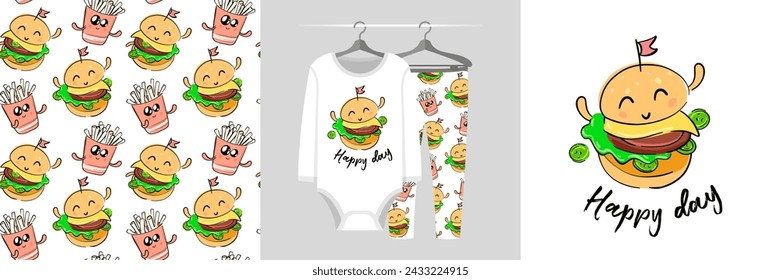 Burger icon concept, text Happy day. Dancing Food set, seamless pattern, cute mascot illustration for tee prints, pajamas, baby shower decor, fabric design, wrapping, web landing page, banner, sticker