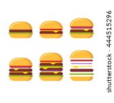 Burger icon constructor set. From simple hamburger to double and triple cheeseburger with tomato, onions and lettuce.