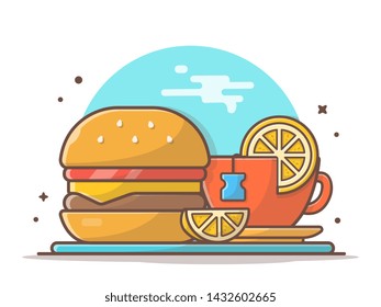 Burger Icon with A Cup of Lemon Tea Vector Illustration. Fast Food Logo. Cafe and Restaurant Menu. Flat Cartoon Style Suitable for Web Landing Page,  Banner, Flyer, Sticker, Card, Background
