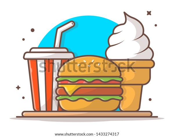 Burger Icon with Cup of Soda and Ice Cream
Vector Illustration. Fast Food Logo. Cafe and Restaurant Menu. Flat
Cartoon Style Suitable for Web Landing Page,  Banner, Flyer,
Sticker, Card,
Background