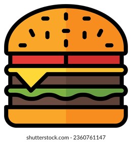 burger icon in filled line style isolated on white background. Fastfood icon, vector illustration for graphic design projects