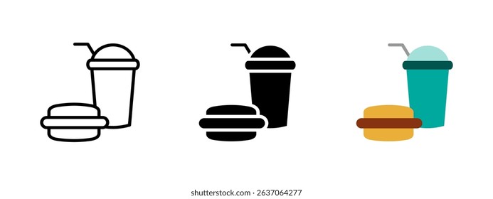 Burger icon. Flat hamburger and takeaway drink cup with straw vector illustration. Classic fast food meal symbol. Combo snack set for lunch or takeaway dining sign. Lunch meal pictogram.