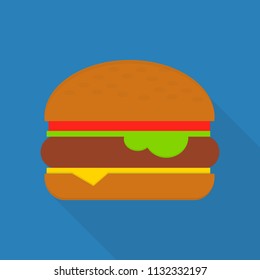 burger icon in flat style with long shadow, isolated vector illustration on blue transparent background
