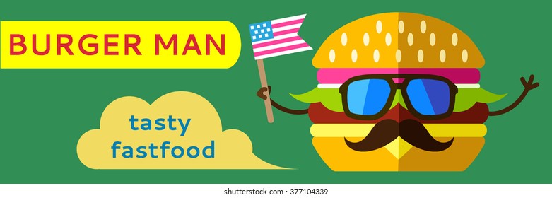 Burger Icon flat icon with text, eps10, for menu, cafe and restaurant. Flat design vector isolated on green background.Cartoon hipster character with mustache, sunglasses, flag USA. Horizontal format