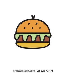 Burger icon flat vector illustration. Burger vector with cheese, meat and salad.  Burger food icon colorful. Burger logo icon vector isolated on white background.