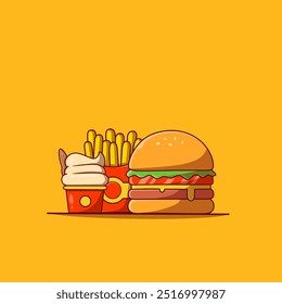Burger Icon with French fries and Ice cream Vector Illustration. Hamburger Fast Food Logo. Cafe and Restaurant Menu. Flat Cartoon Style Suitable for Web Landing Page, Banner, Flyer, Sticker, Card