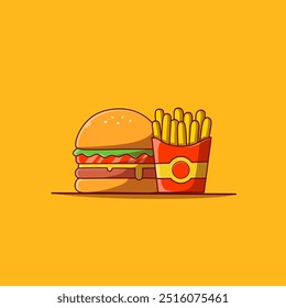 Burger Icon with French fries Vector Illustration. Hamburger Fast Food Logo. Cafe and Restaurant Menu. Flat Cartoon Style Suitable for Web Landing Page, Banner, Flyer, Sticker, Card, Background