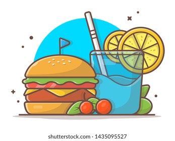 Burger Icon with Glass Cocktail Vector Illustration. Fast Food Logo. Summer Party. Cafe and Restaurant Menu. Flat Cartoon Style Suitable for Web Landing Page,  Banner, Flyer, Sticker, Card, Background