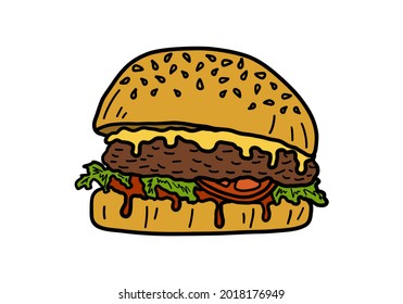 Burger icon. Hamburger or sandwich colorful sketch. Fast food concept. Vector illustration.