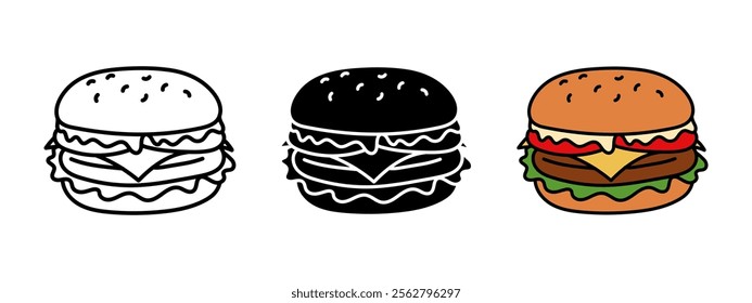 Burger icon. Hamburger vector illustration. Cheeseburger symbol. American fast food eatery logo. Sandwich with sesame bun, beef, cheese, tomatoes and lettuce. Burger silhouette. Colorful cartoon snack