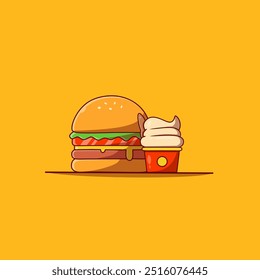 Burger Icon with Ice cream Vector Illustration. Hamburger Fast Food Logo. Cafe and Restaurant Menu. Flat Cartoon Style Suitable for Web Landing Page, Banner, Flyer, Sticker, Card, Background