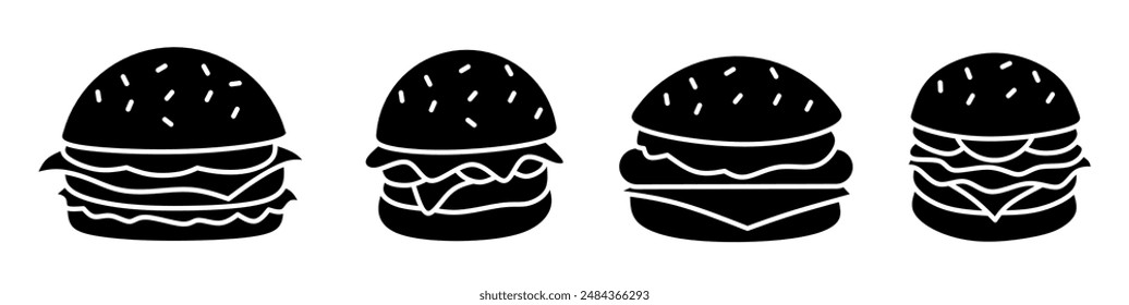 Burger icon illustration. Black and white burger icon set. Stock vector collection.