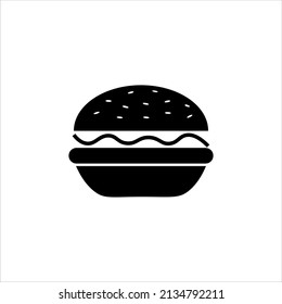 burger icon illustration. burger in sesame seed bun with salad. black silhouette vector art. flat simple design.  