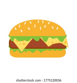 Burger icon. Isolated cheeseburger on white background. Fast food sign. Burger with sesame in flat style. Vector illustration.