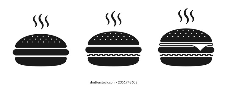 Burger icon or logo set. Hot hamburger black silhouette. Fast food black symbol. Vector illustration.