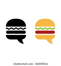 Burger icon or logo with stylish negative space speech bubble. Modern creative sign in black and color variants. Vector illustration.