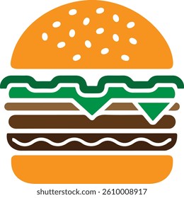 burger icon with meat and cheese layers, fast food sandwich silhouette illustration, hamburger vector design