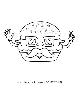 Burger icon for menu, cafe and restaurant. Coloring book isolated on white background. Cartoon hipster character with mustache, sunglasses and hands. sign of victory