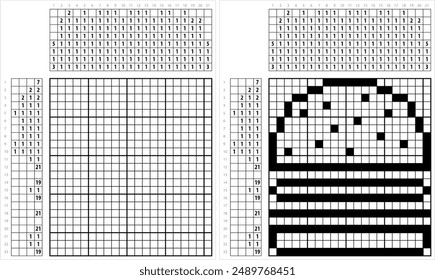 Burger Icon Nonogram Pixel Art, Fast Food Icon, Hamburger Icon Vector Art Illustration, Logic Puzzle Game Griddlers, Pic-A-Pix Picture Paint By Numbers