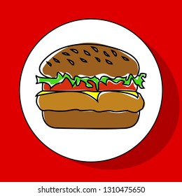 Burger icon on red background. Flat style vector illustration