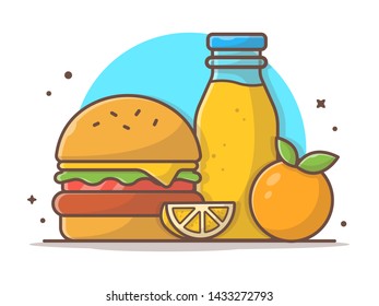 Burger Icon with Orange Juice and Orange Fruit. Fast Food Logo. Cafe and Restaurant Menu. Flat Cartoon Style Suitable for Web Landing Page,  Banner, Flyer, Sticker, Card, Background