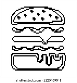 Burger Icon Pixel Art, Fast Food Burger, Food Icon Vector Art Illustration, Pixelated Form