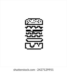 Burger Icon Pixel Art, Fast Food Burger, Food Icon Vector Art Illustration, Pixelated Form