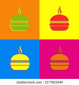 Burger icon in pop art color. Collection burger icon with shadow and aroma sign. Isolated icon street food in pop art color. Fast food logo for menu cafeteria, pub, restaurant. Vector illustration