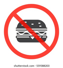 Burger icon in prohibition red circle, No fast food ban or stop sign, forbidden symbol. Vector illustration isolated on white