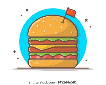 Burger Icon with Red Flag, Salad, Meat, Tomato and Cheese Vector Illustration. Fast Food Logo. Cafe and Restaurant Menu.Flat Cartoon Style Suitable for Web Landing Page,  Banner, Flyer, Sticker, Card