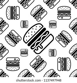 Burger Icon Seamless Pattern, Fast Food Burger Vector Art Illustration
