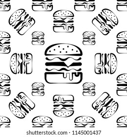 Burger Icon Seamless Pattern, Fast Food Burger Vector Art Illustration