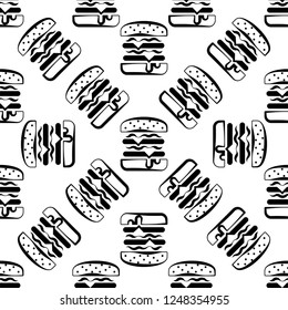 Burger Icon Seamless Pattern, Fast Food Burger Vector Art Illustration