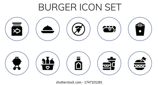 conjunto de iconos de hamburguesa. 10 iconos de hamburguesa rellenos. Comida de pescado incluida, barbacoa, comida, sin comida rápida, Hot dog, papas fritas rápidas, íconos de hamburguesas