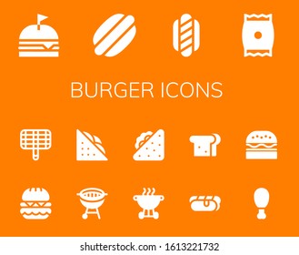 burger icon set. 14 filled burger icons.  Simple modern icons such as: Burger, Hot dog, Snack, Grill, Bbq, Sandwich, Fried chicken