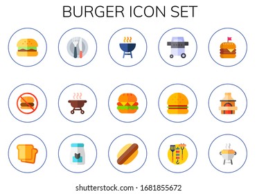 burger icon set. 15 flat burger icons. Included hamburguer, no fast food, food, grill, bread, hot dog, bbq icons