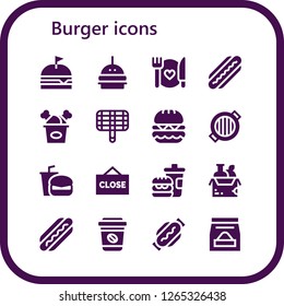  burger icon set. 16 filled burger icons. Simple modern icons about  - Burger, Food, Hot dog, Fried chicken, Grill, Fast food, Close, Take away