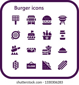 burger icon set. 16 filled burger icons.  Simple modern icons about  - Grill, Burger, Bbq, Food, Fish food, Fry, Hot dog, Fast food, Close, Sandwich