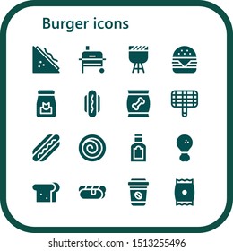 burger icon set. 16 filled burger icons.  Simple modern icons about  - Sandwich, Grill, Barbecue, Hamburger, Food, Hot dog, Cinnamon roll, Fried chicken, Take away, Snack