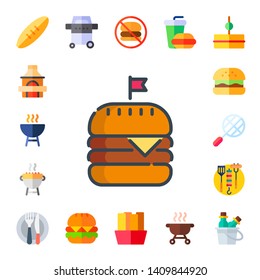 burger icon set. 17 flat burger icons.  Simple modern icons about  - bread, grill, hamburguer, bbq grill, bbq, food, no fast food, fries, fast food, sandwich, drink