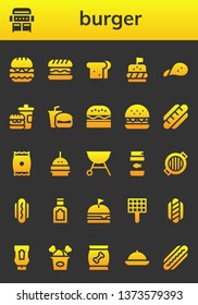 burger icon set. 26 filled burger icons.  Simple modern icons about  - Burger, Grill, Hamburger, Sandwich, Snack, Fast food, Hot dog, Fish food, Food, Ketchup, Fried chicken