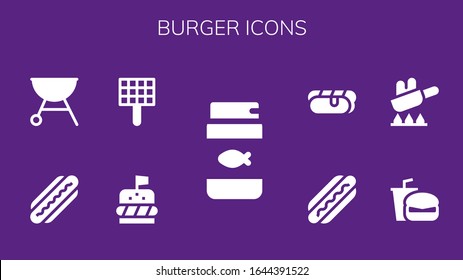 conjunto de iconos de la hamburguesa. 9 iconos de hamburguesa rellenos.  Iconos modernos sencillos, como: Comida de pescado, hamburguesa, asador, Hot dog, comida rápida, frita