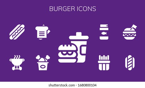 burger icon set. 9 filled burger icons.  Simple modern icons such as: Fast food, Fried chicken, Sandwich, Bbq, Hot dog, Burger, French fries, Fish food
