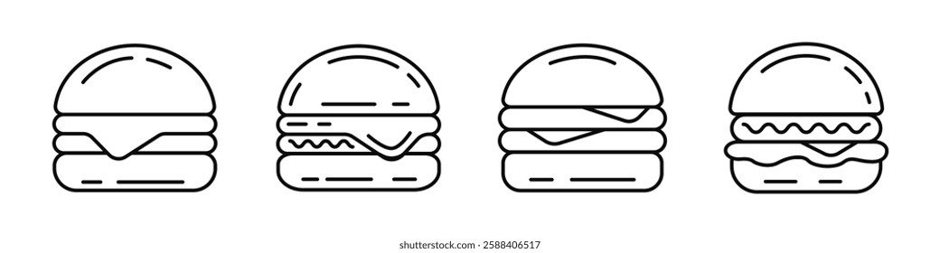 Burger icon set. Cheeseburger symbol line. Hamburger sign editable line. For use in web design, apps, and menus