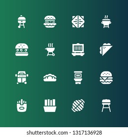 burger icon set. Collection of 16 filled burger icons included Barbecue, Grill, Fries, Burger, Food, Bread, Sandwich, Hamburger, Hamburguer