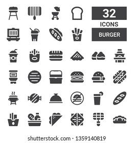 burger icon set. Collection of 32 filled burger icons included Bread, Grill, Sandwich, Food, French fries, Beverage, No fast food, Foods, Barbecue grill, Hot dog, Burger, Hamburguer