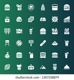 burger icon set. Collection of 36 filled burger icons included Foods, Food, Sandwich, Close, Beverage, Grill, Drink, Hamburguer, Burger, Bread, Barbecue, Bun, Hot dog, Fries, Ice box