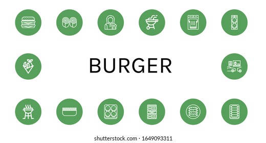 burger icon set. Collection of Cheeseburger, Bun, Lunchroom, Bbq, Sandwich, Burger, Charcoal grill, Minced meat, Snack, Ribs, Fish and chips, Drive thru icons