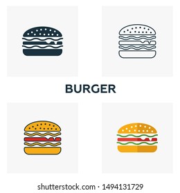 Burger icon set. Four elements in diferent styles from fastfood icons collection. Creative burger icons filled, outline, colored and flat symbols.